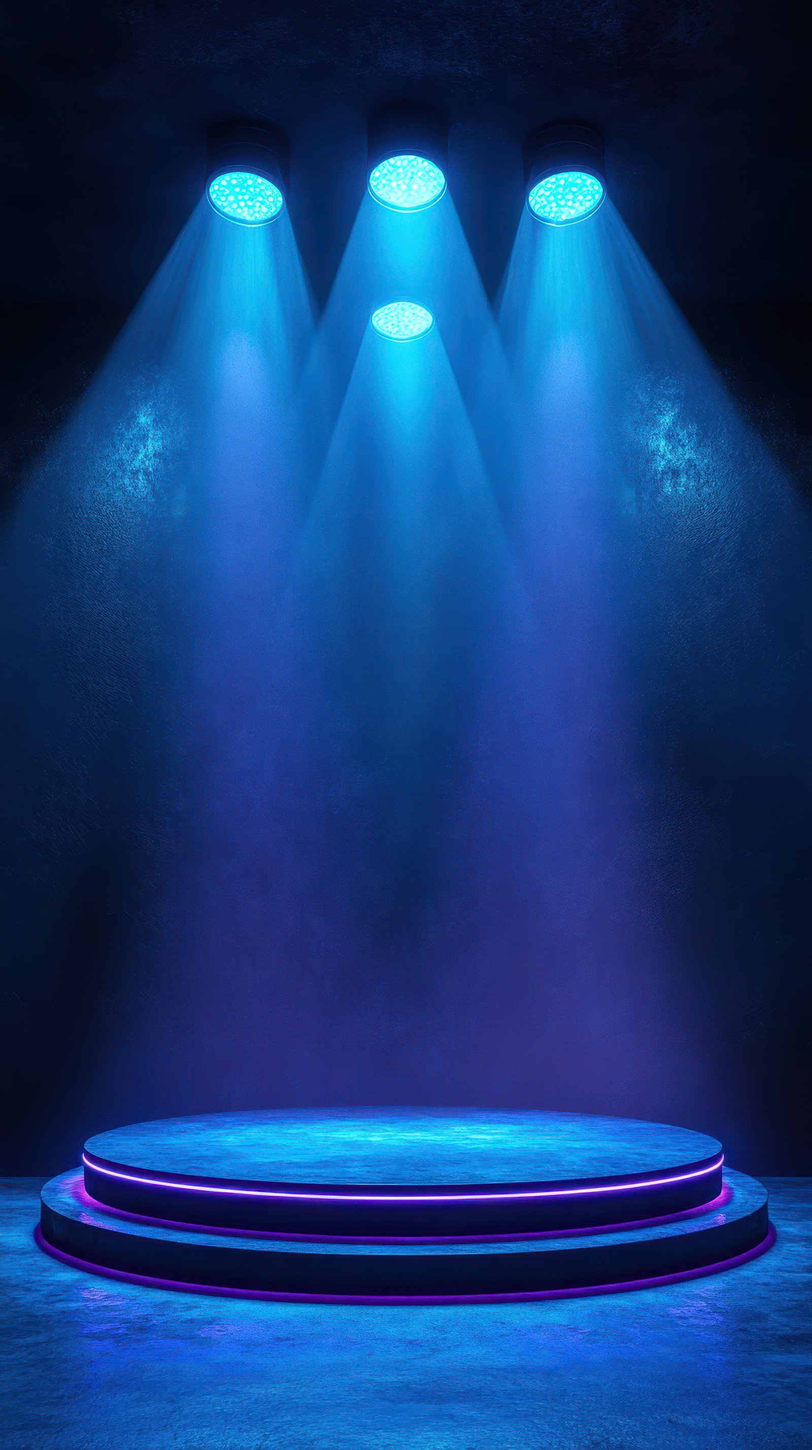 Bright blue stage lights illuminating a circular platform in a darkened space for a performance or event